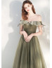 Off Shoulder Olive Tulle Ruched Amazing Prom Dress Off Shoulder Olive Tulle Ruched Amazing Prom Dress