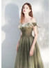 Off Shoulder Olive Tulle Ruched Amazing Prom Dress