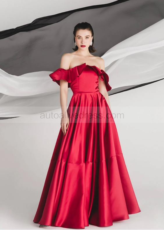 Off Shoulder Red Satin Prom Dress Christmas Party Dress