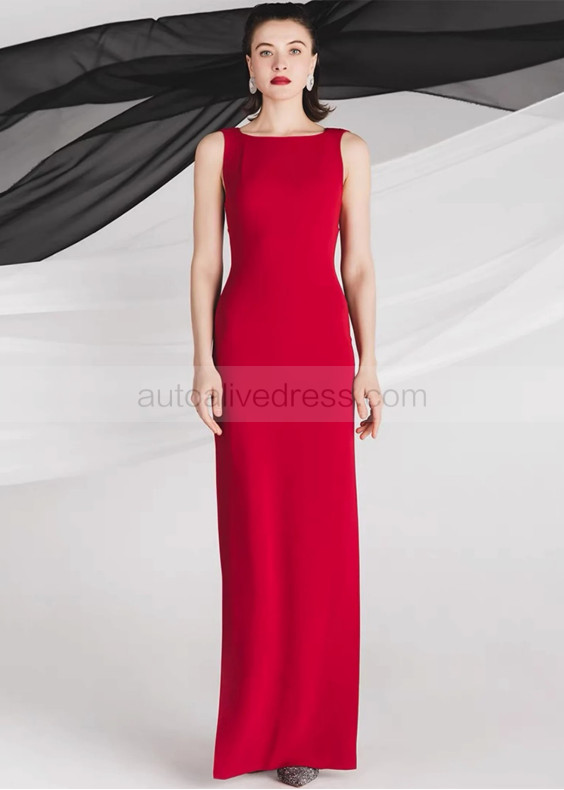 Red Stretchable Satin Hallowed Back Side Slit Prom Dress