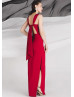 Red Stretchable Satin Hallowed Back Side Slit Prom Dress