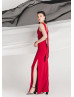 Red Stretchable Satin Hallowed Back Side Slit Prom Dress