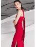 Red Stretchable Satin Hallowed Back Side Slit Prom Dress