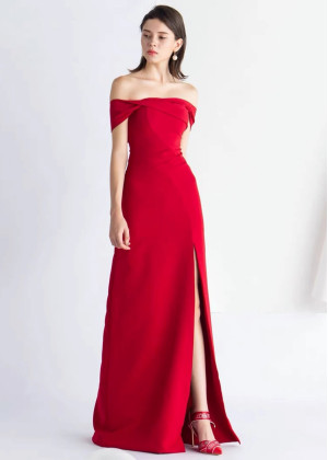 Red Stretchable Satin Thigh Slit Prom Dress