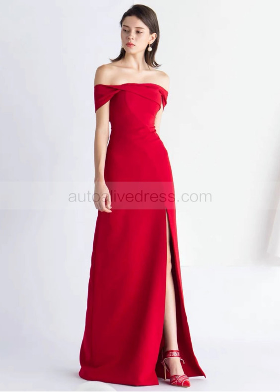 Red Stretchable Satin Thigh Slit Prom Dress