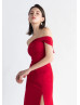 Red Stretchable Satin Thigh Slit Prom Dress