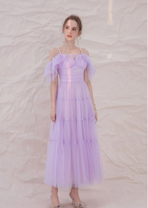 Cold Shoulder Lilac Tulle Romantic Prom Dress