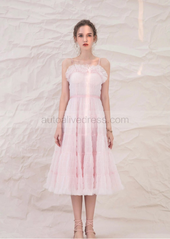 Adjustable Straps Pink Ruched Tulle Sweet Prom Dress