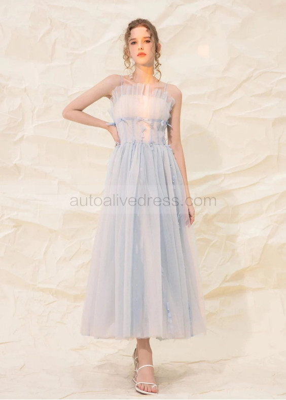 Spaghetti Straps Light Blue Tulle Dreamy Prom Dress