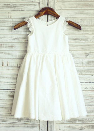 Ivory Cotton Lace Trim Flower Girl Dress
