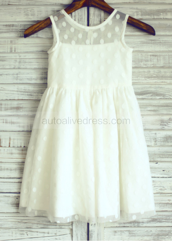 Sheer Neck Ivory Polka Dots Tulle Knee Length Flower Girl Dress