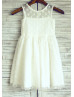 Sheer Neck Ivory Polka Dots Tulle Knee Length Flower Girl Dress