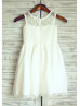 Sheer Neck Ivory Polka Dots Tulle Knee Length Flower Girl Dress