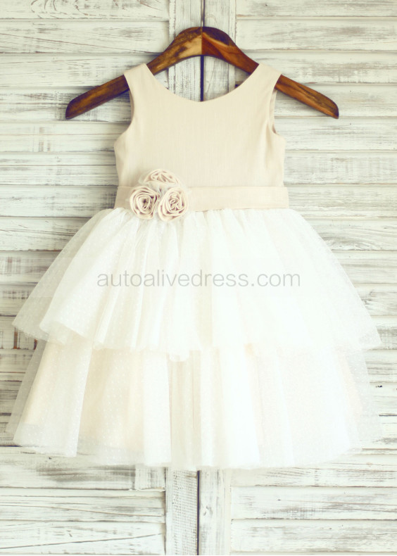 Linen Polka Dots Cupcake Tulle Flower Girl Dress 