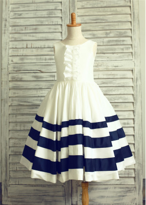 Hand Ruffled Ivory Navy Blue Striped Taffeta Vintage Flower Girl Dress