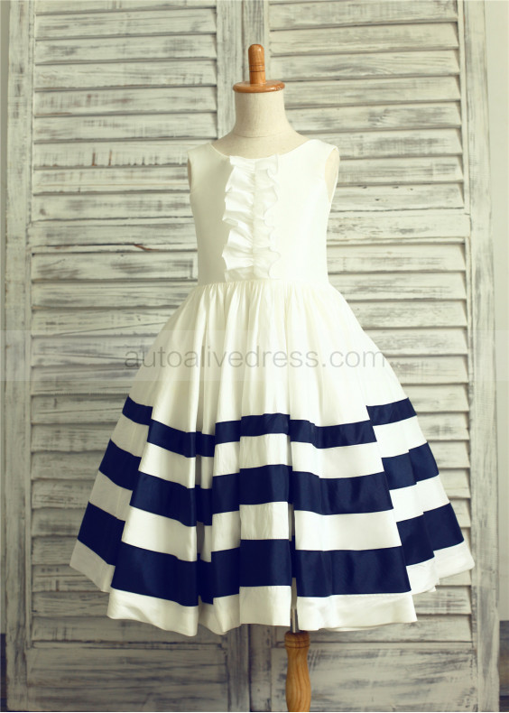 Ivory Navy Blue Taffeta Stripe Knee Length Flower Girl Dress
