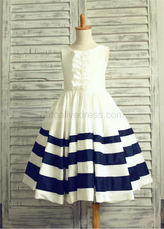 Hand Ruffled Ivory Navy Blue Striped Taffeta Vintage Flower Girl Dress Hand Ruffled Ivory Navy Blue Striped Taffeta Vintage Flower Girl Dress