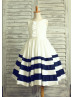 Hand Ruffled Ivory Navy Blue Striped Taffeta Vintage Flower Girl Dress