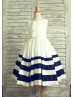 Ivory Navy Blue Taffeta Stripe Knee Length Flower Girl Dress