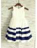 Hand Ruffled Ivory Navy Blue Striped Taffeta Vintage Flower Girl Dress