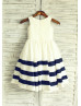 Ivory Navy Blue Taffeta Stripe Short Flower Girl Dress