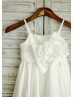 Ivory Taffeta Thin Straps Knee Length Flower Girl Dress