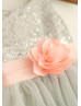 Silver Sequin Pleats Sash Tulle Flower Girl Dress