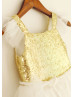 Square Neck Gold Sequin Ivory Tulle Knee Length Flower Girl Dress