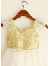 Square Neck Gold Sequin Ivory Tulle Knee Length Flower Girl Dress