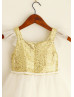 Gold Sequin Tulle Flutter Sleeves Knee Length Flower Girl Dress
