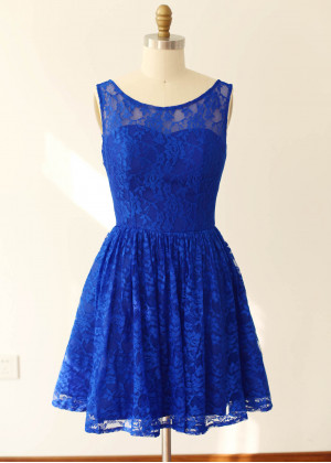Royal Blue Gray Mint Blue Lace U Back Knee Length Bridesmaid Dress
