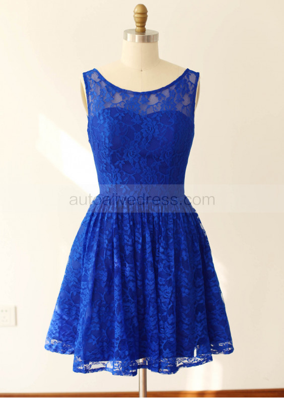 Royal Blue Grey Mint Blue Lace U back Knee Length Bridesmaid Dress