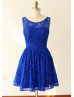 Royal Blue Grey Mint Blue Lace U back Knee Length Bridesmaid Dress