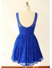 Royal Blue Grey Mint Blue Lace U back Knee Length Bridesmaid Dress