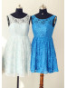 Royal Blue Grey Mint Blue Lace U back Knee Length Bridesmaid Dress