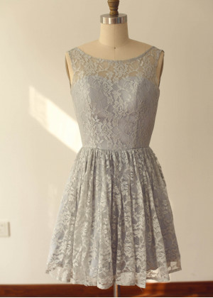 Gray Blue Mint Lace U Back Knee Length Bridesmaid Dress