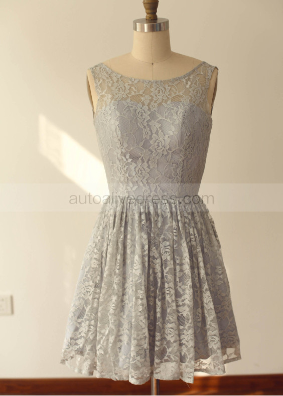 Royal Blue Grey Mint Blue Lace U back Short Bridesmaid Dress