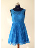 Royal Blue Grey Mint Blue Lace U back Short Bridesmaid Dress