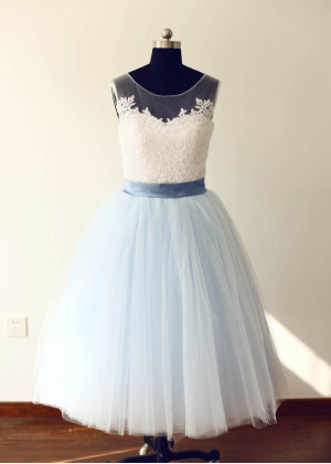 Ivory Dense Lace Light Blue Tulle V Back Wedding Dress