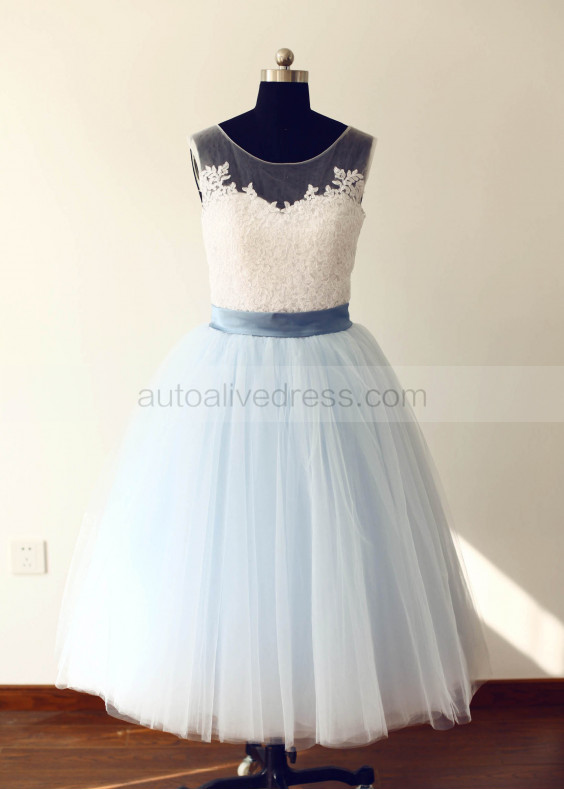 Dense Lace Light Blue Tulle Short wedding Dress