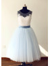 Ivory Dense Lace Light Blue Tulle V Back Wedding Dress