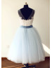 Ivory Dense Lace Light Blue Tulle V Back Wedding Dress