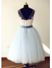 Dense Lace Light Blue Tulle Short wedding Dress