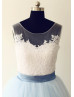Ivory Dense Lace Light Blue Tulle V Back Wedding Dress