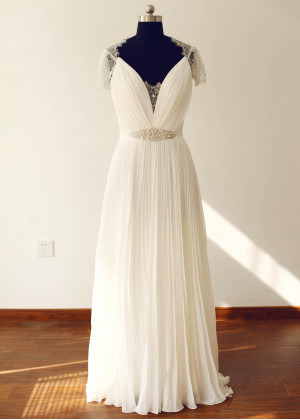 Beaded Ivory Lace Pleated Chiffon See Through Back Wedding Dress