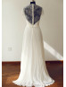 Beaded Ivory Lace Pleated Chiffon See Through Back Wedding Dress