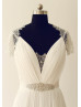 Beaded Ivory Lace Pleated Chiffon See Through Back Wedding Dress