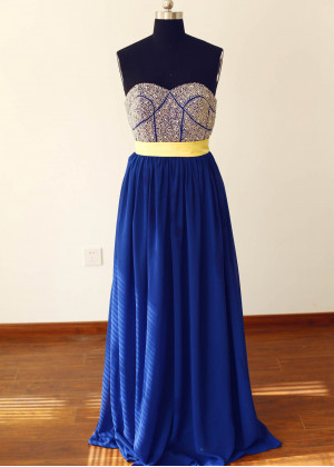 Heavily Beaded Royal Blue Chiffon Luxury Prom Dress