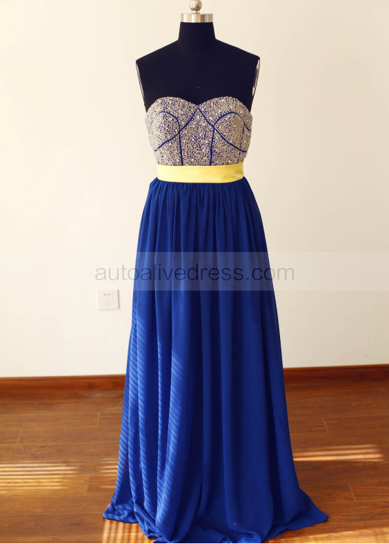 Heavily Beaded Royal Blue Chiffon Luxury Prom Dress