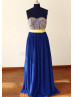 Heavily Beaded Royal Blue Chiffon Luxury Prom Dress